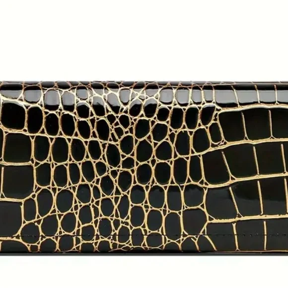 NWOT, Elegant Black and Gold Reptile Design with golden swans clutch or wallet - Picture 4 of 6